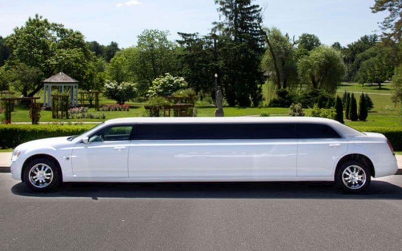 White Chrysler 300 stretch limousine in a park setting